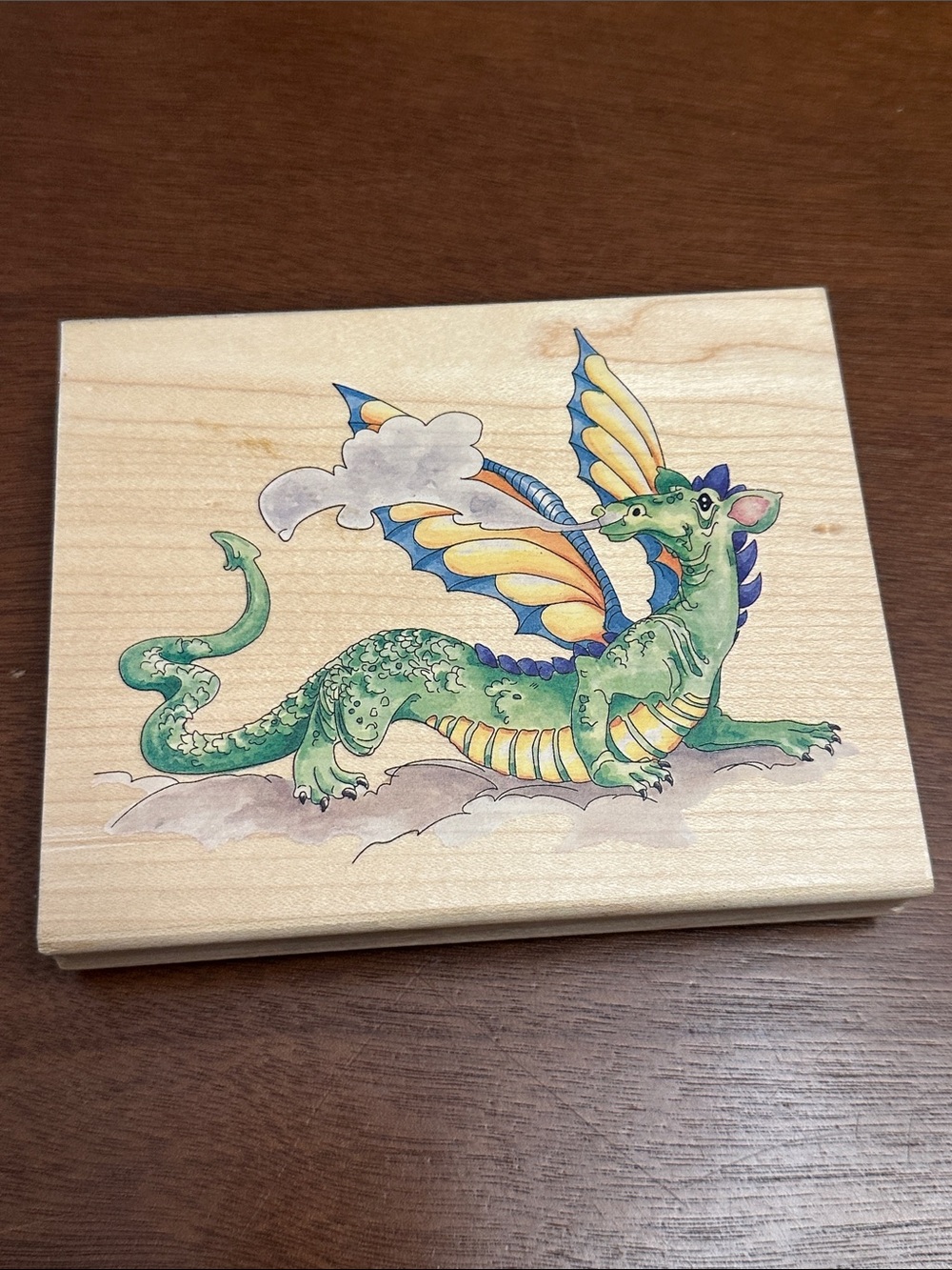 Vintage Stamps Happen Walking Dragon Illustration Wooden Block Art